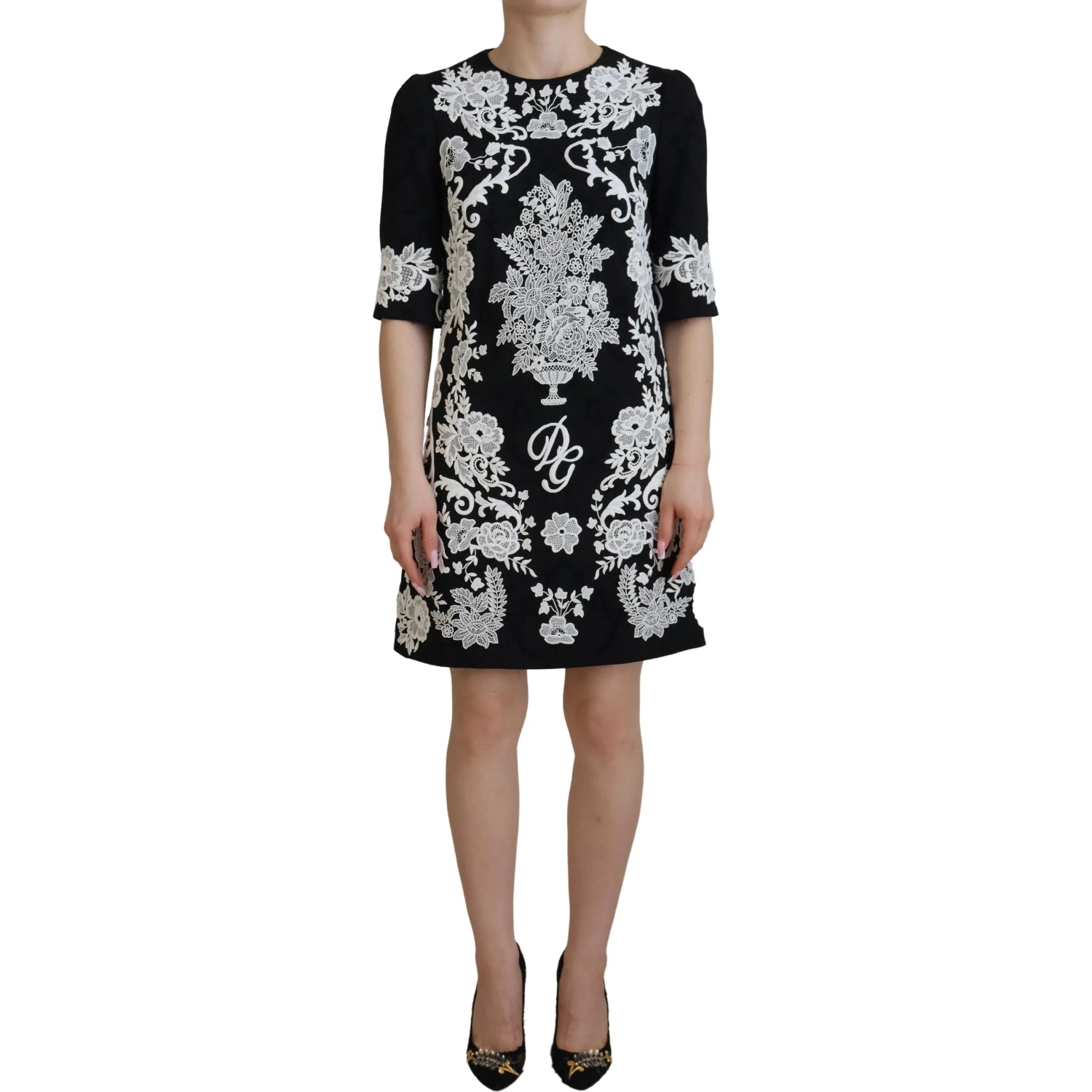 Black Lace Trim Half Sleeves A-line Dress