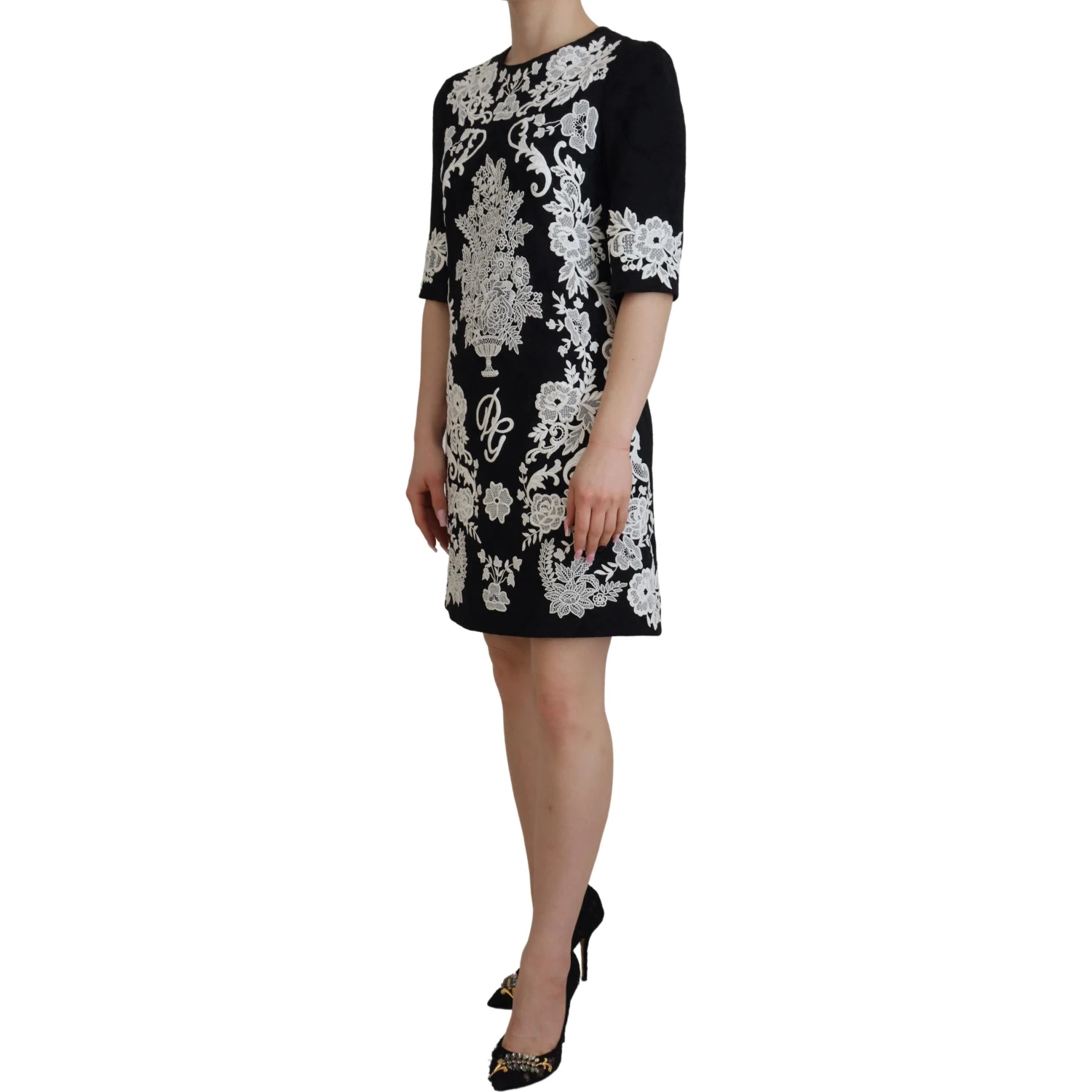 Black Lace Trim Half Sleeves A-line Dress