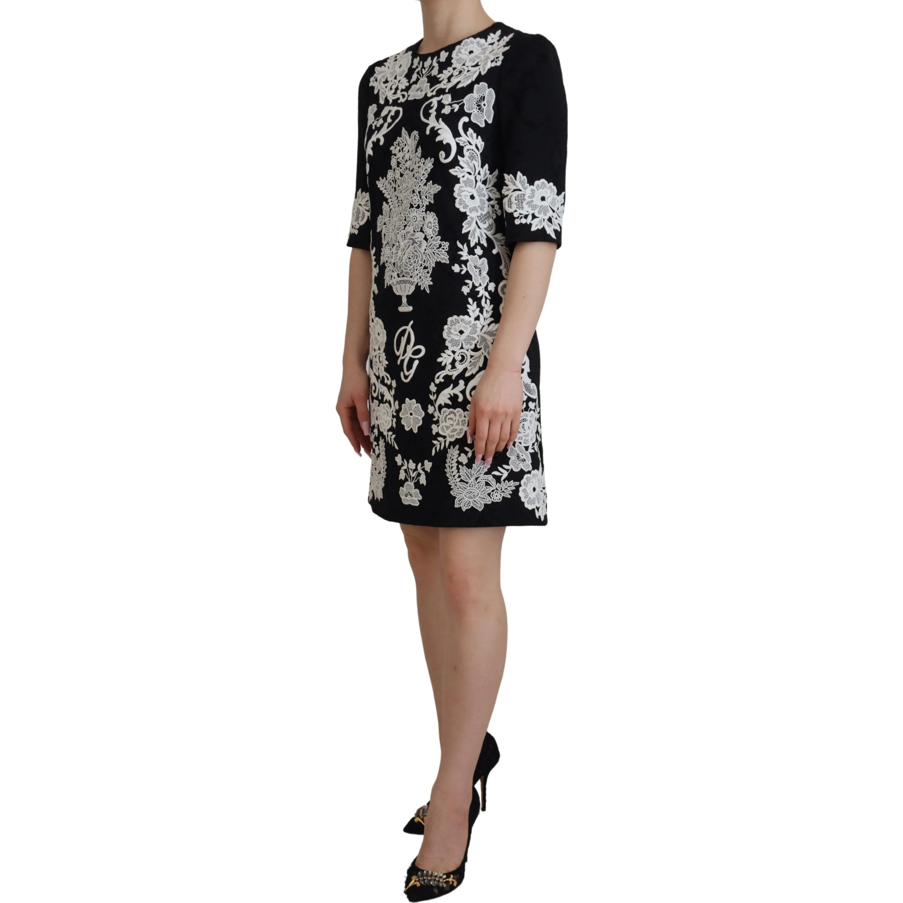 Black Lace Trim Half Sleeves A-line Dress