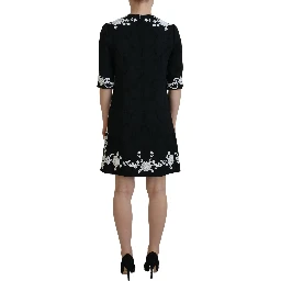 Black Lace Trim Half Sleeves A-line Dress