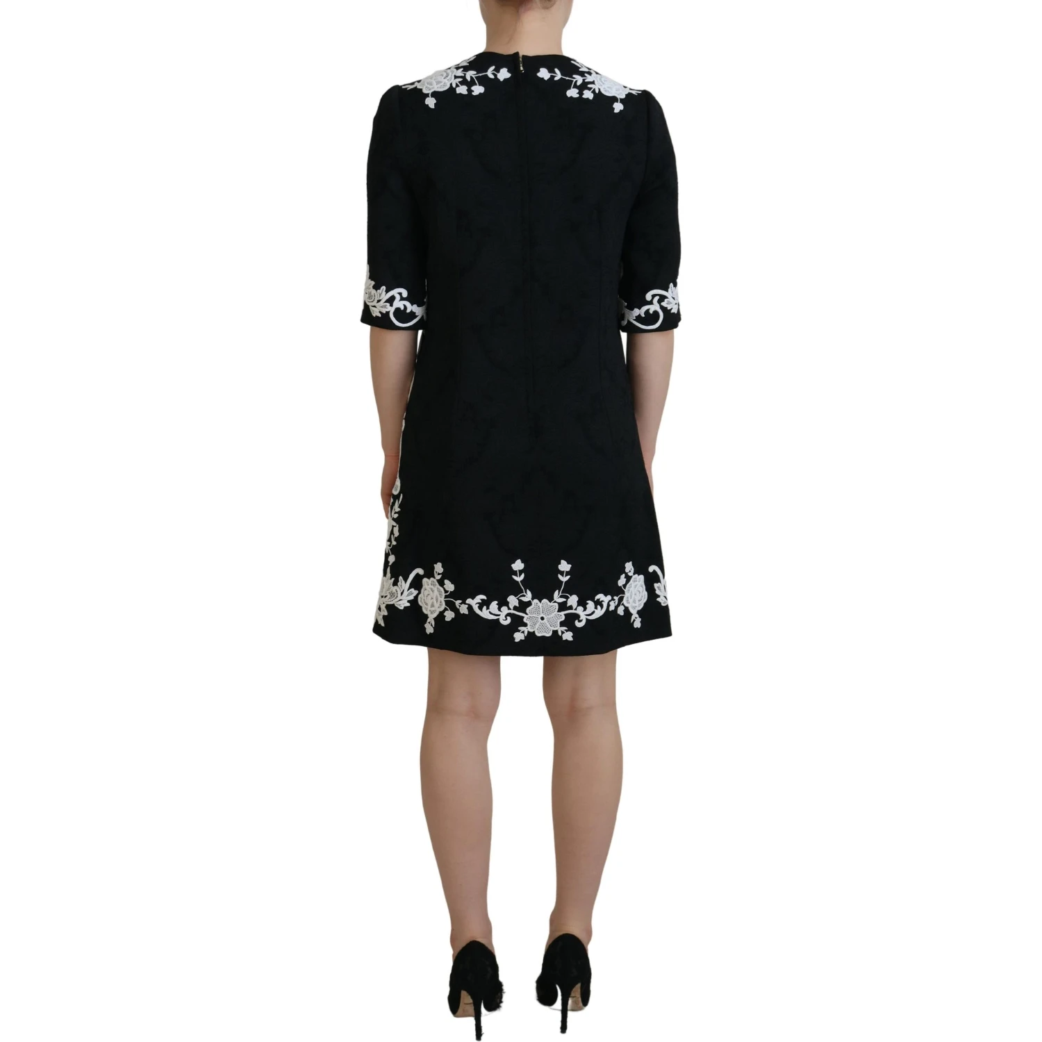 Black Lace Trim Half Sleeves A-line Dress