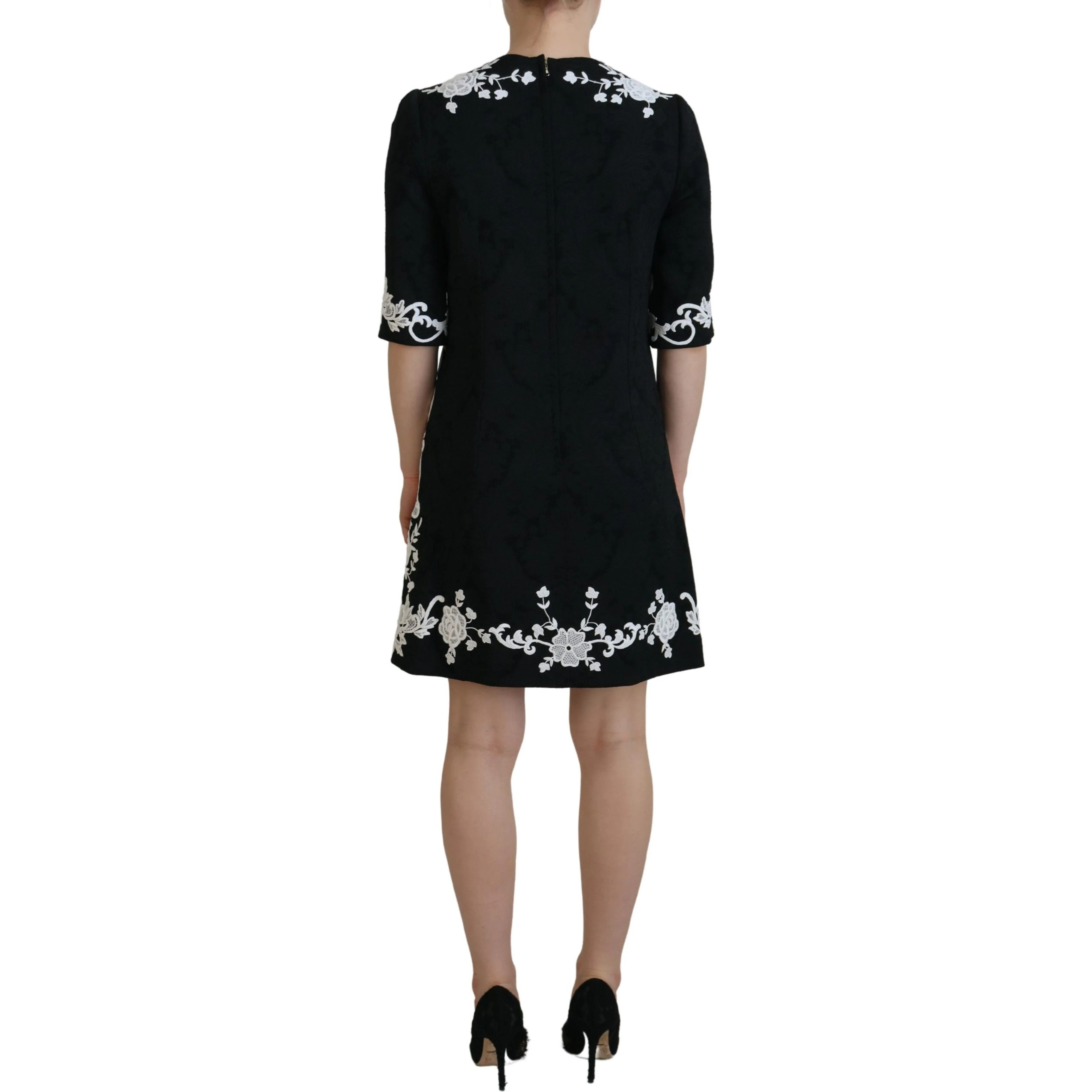 Black Lace Trim Half Sleeves A-line Dress