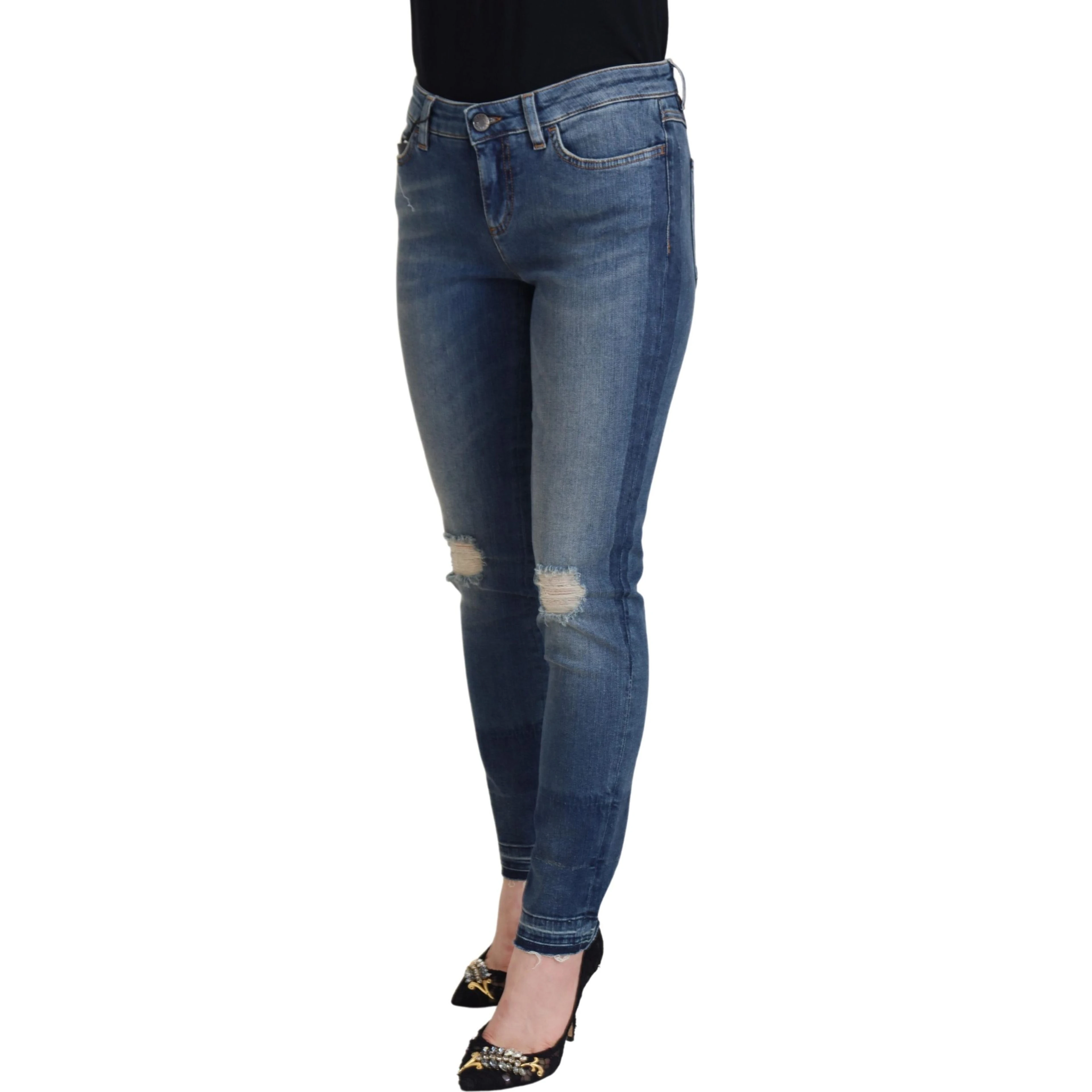 Blue Washed Cotton Tattered Denim Jeans