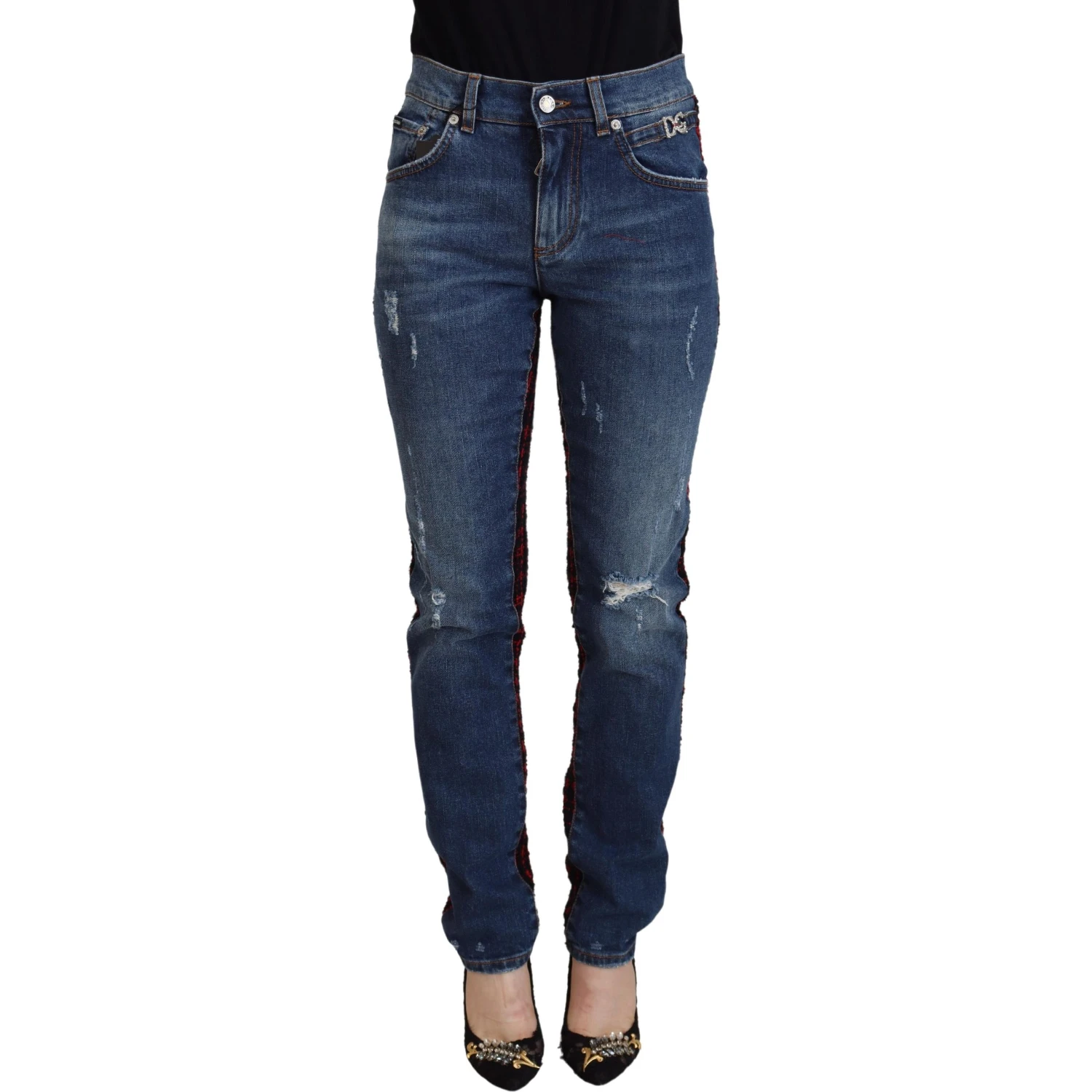 Blue Checkered Back Skinny Denim Jeans