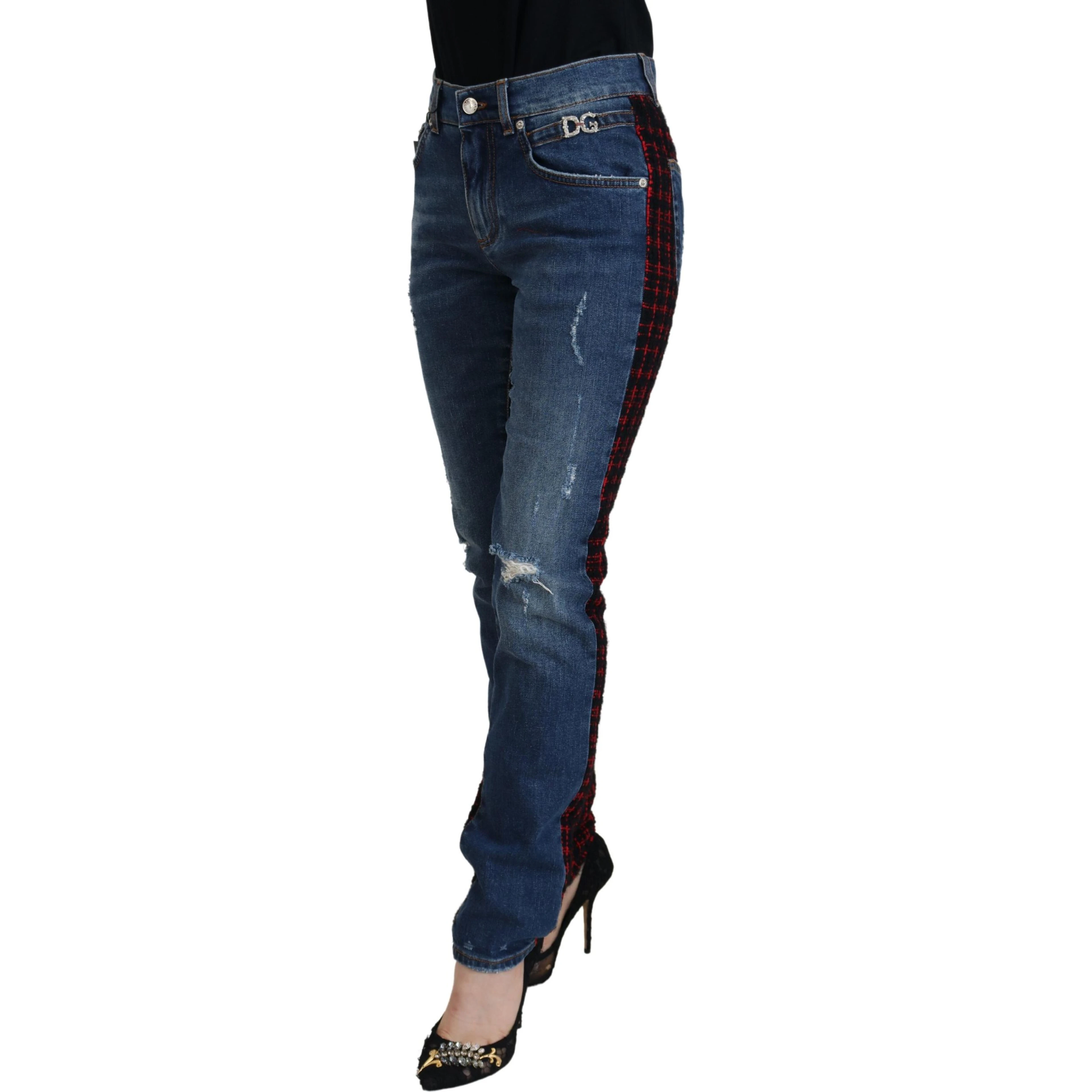 Blue Checkered Back Skinny Denim Jeans