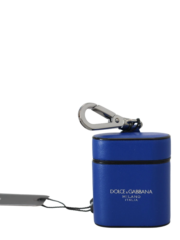Blue Leather Silver Metal Logo Airpods Case