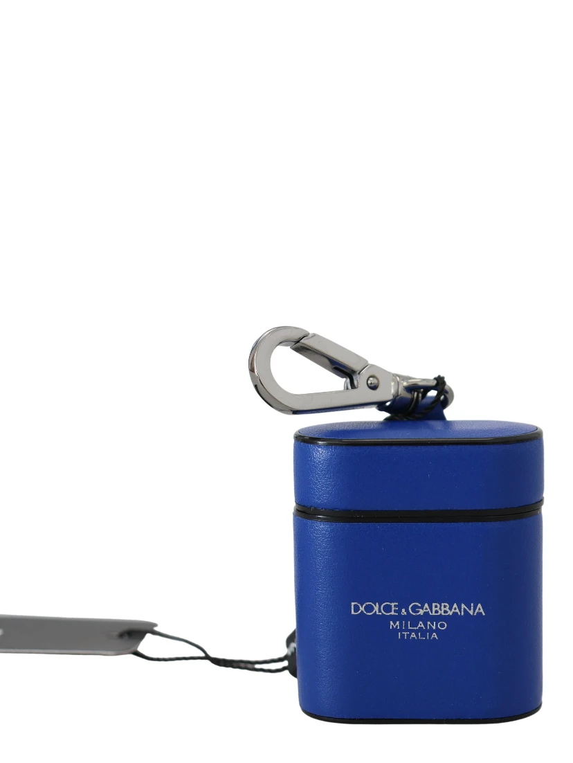 Blue Leather Silver Metal Logo Airpods Case