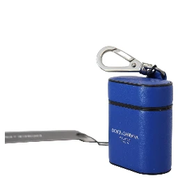 Blue Leather Silver Metal Logo Airpods Case