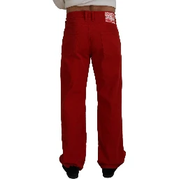 Red Cotton Straight Fit Men Denim Jeans