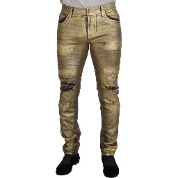 Gold Cotton Tattered Skinny Men Denim Jeans