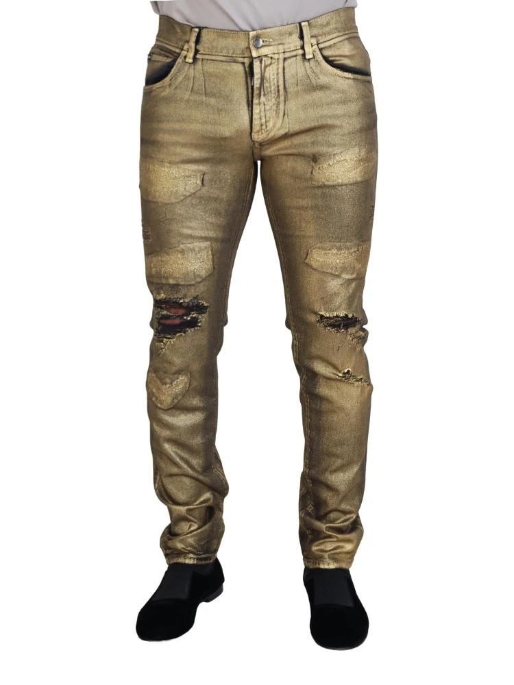 Gold Cotton Tattered Skinny Men Denim Jeans