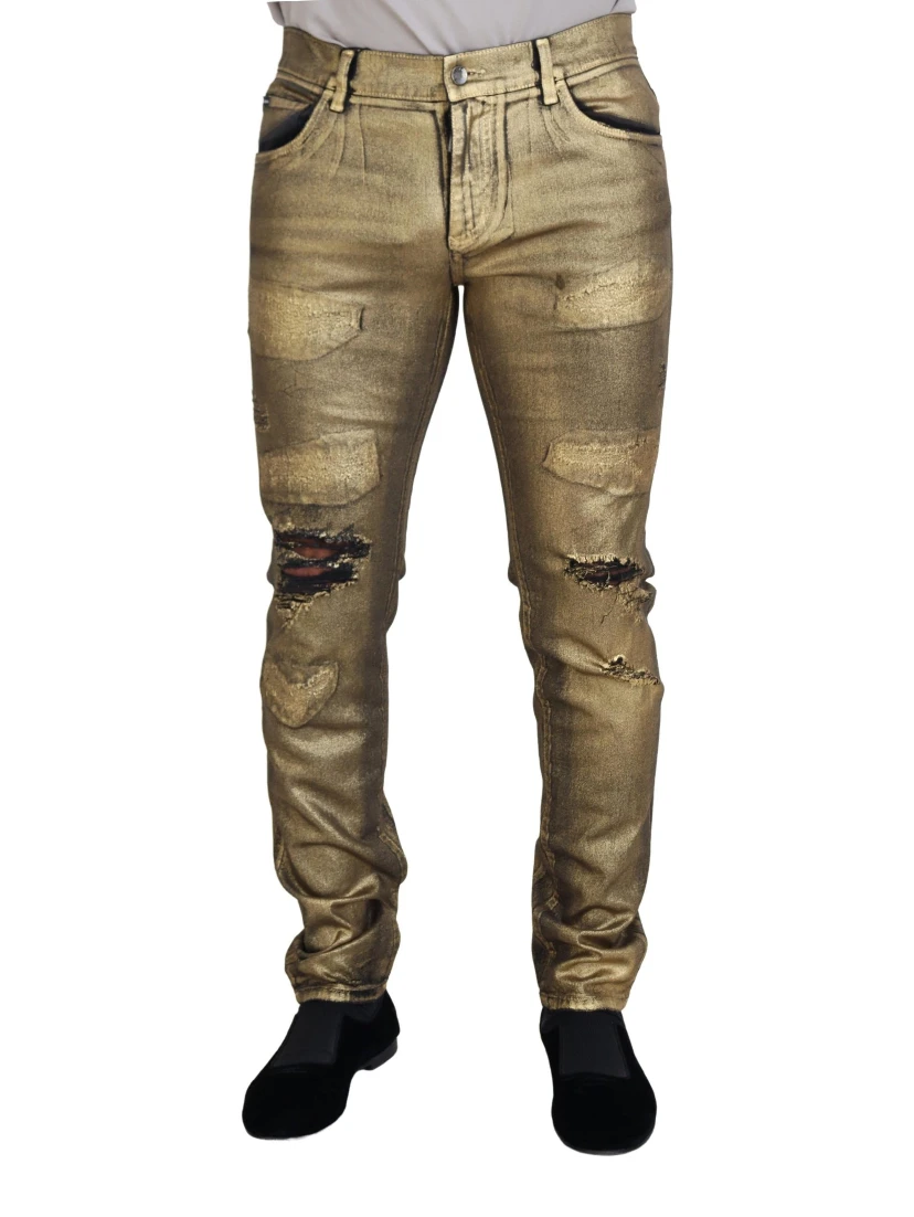 Gold Cotton Tattered Skinny Men Denim Jeans