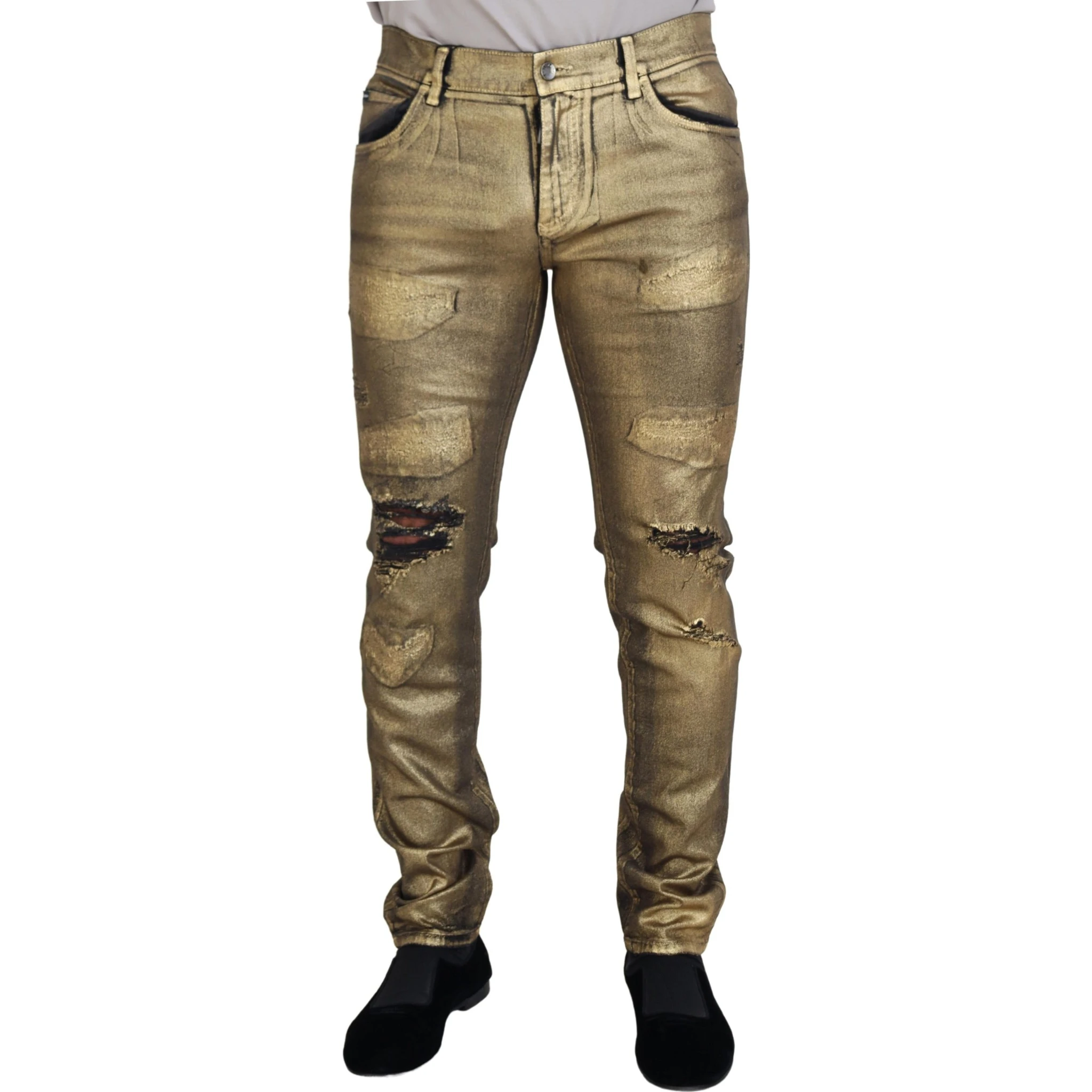 Gold Cotton Tattered Skinny Men Denim Jeans