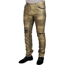 Gold Cotton Tattered Skinny Men Denim Jeans