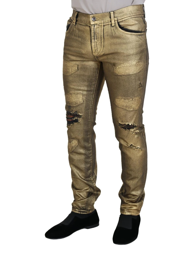 Gold Cotton Tattered Skinny Men Denim Jeans alternative