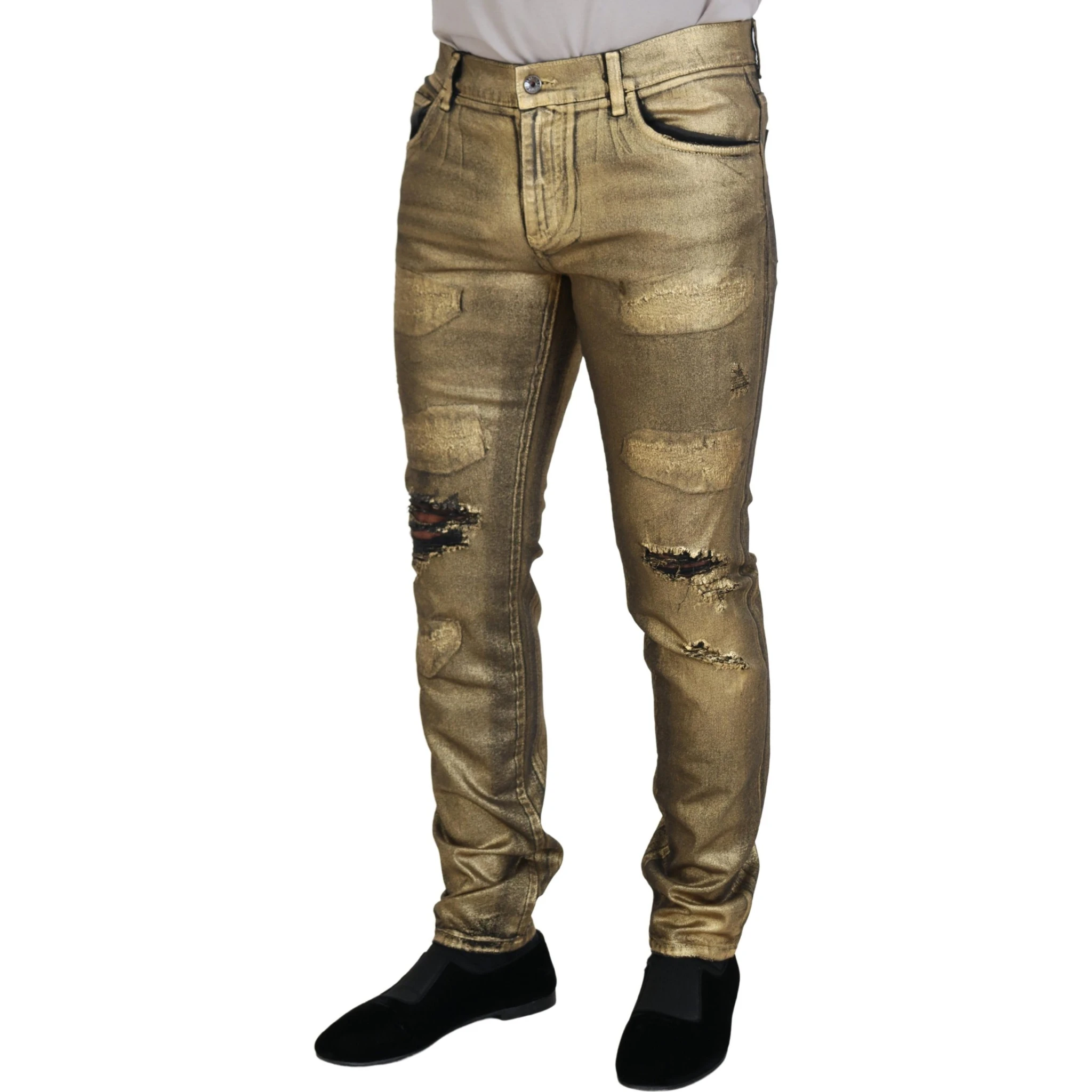 Gold Cotton Tattered Skinny Men Denim Jeans