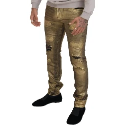 Gold Cotton Tattered Skinny Men Denim Jeans