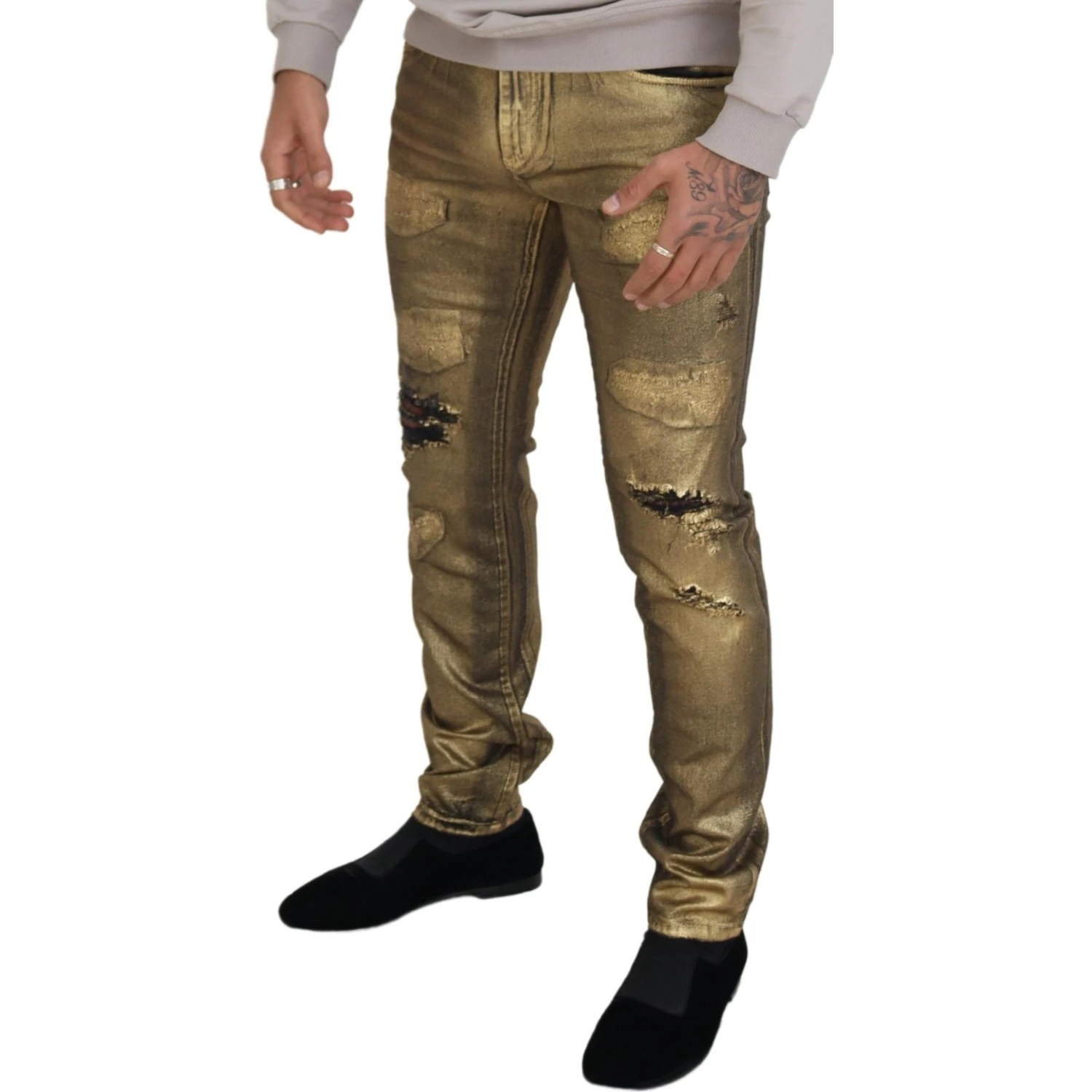 Gold Cotton Tattered Skinny Men Denim Jeans