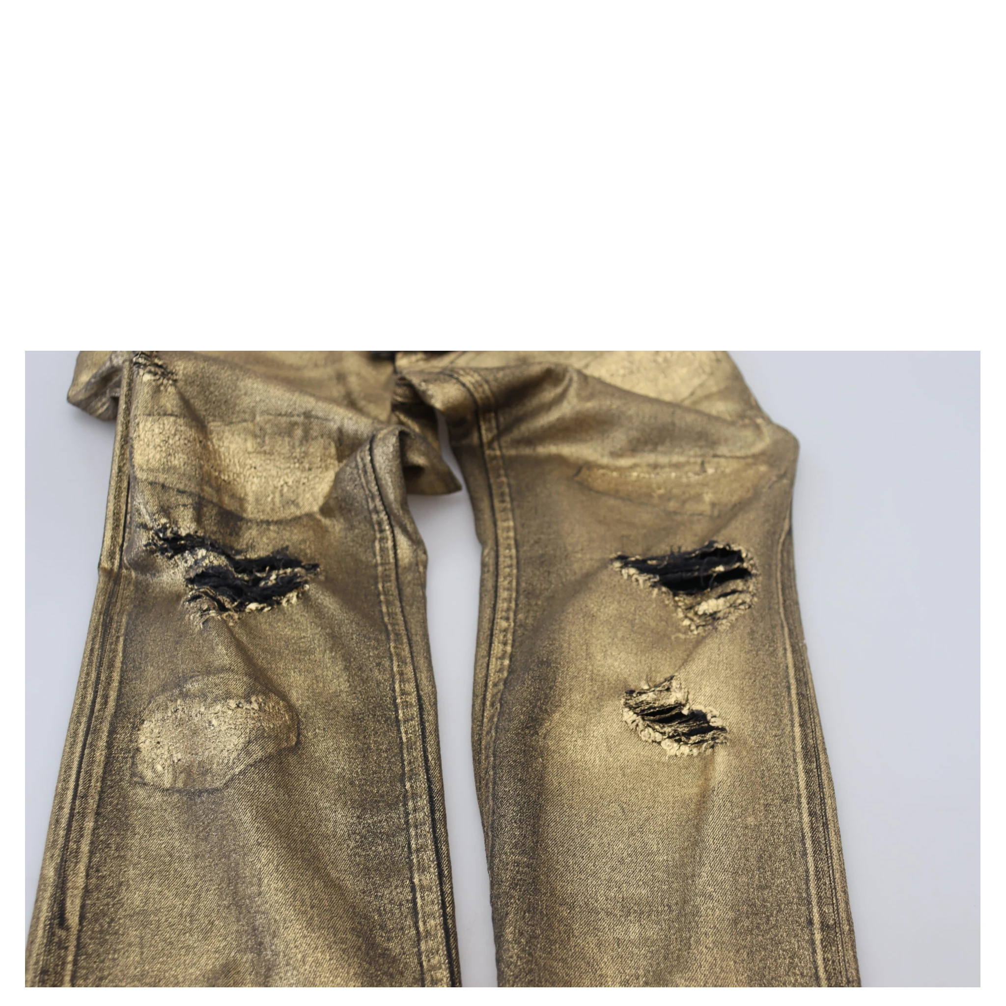 Gold Cotton Tattered Skinny Men Denim Jeans