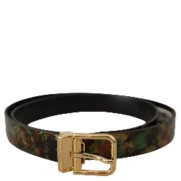 Black Green Leather Bronze Metal Buckle Belt