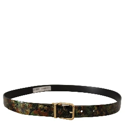 Black Green Leather Bronze Metal Buckle Belt