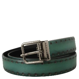 Green Giotto Leather Silver Metal Buckle Belt