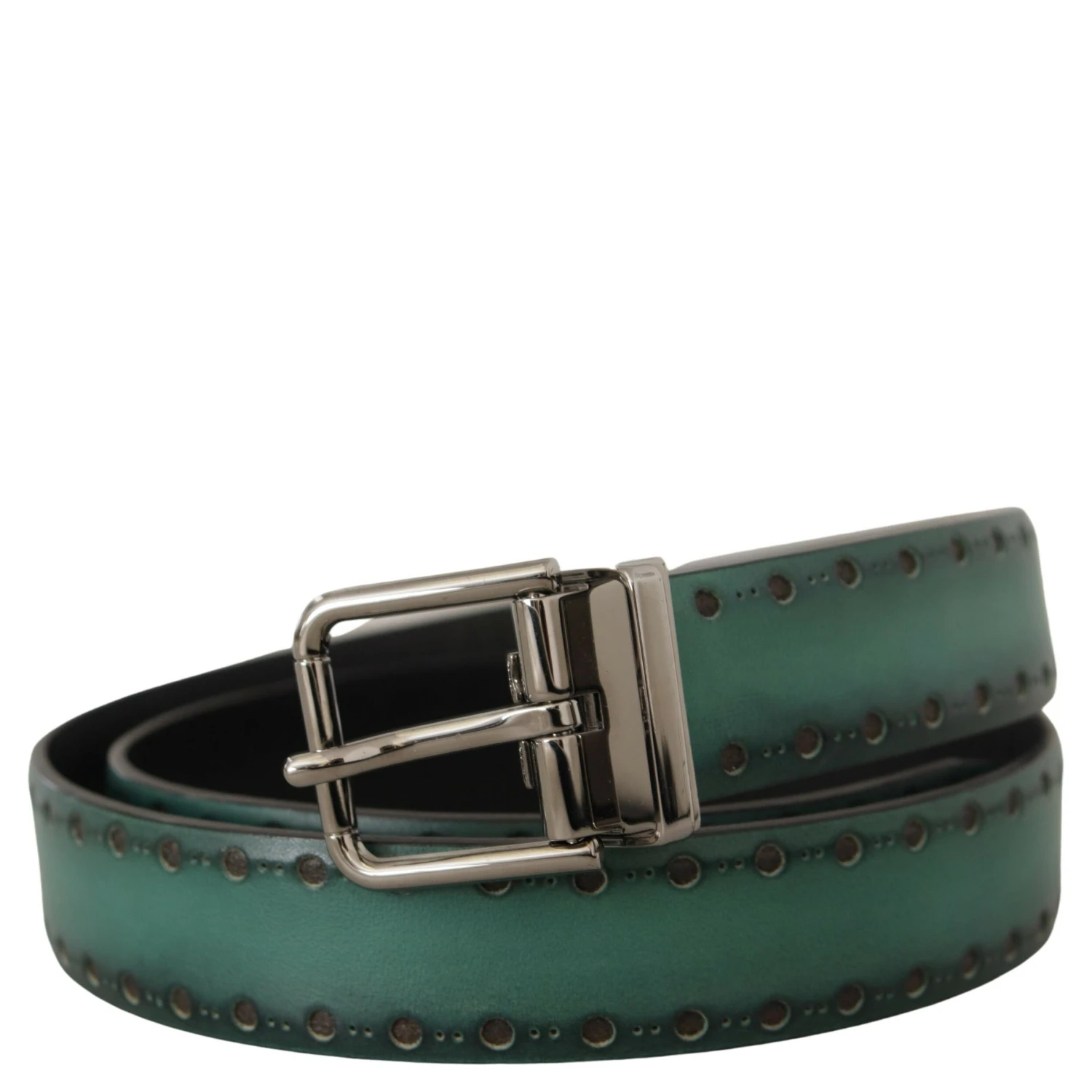 Green Giotto Leather Silver Metal Buckle Belt