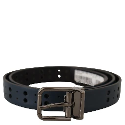 Blue Perforated Skinny Leather Metal Buckle Belt