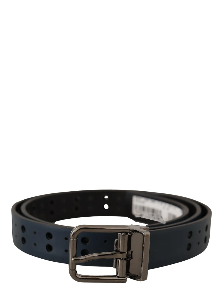 Blue Perforated Skinny Leather Metal Buckle Belt