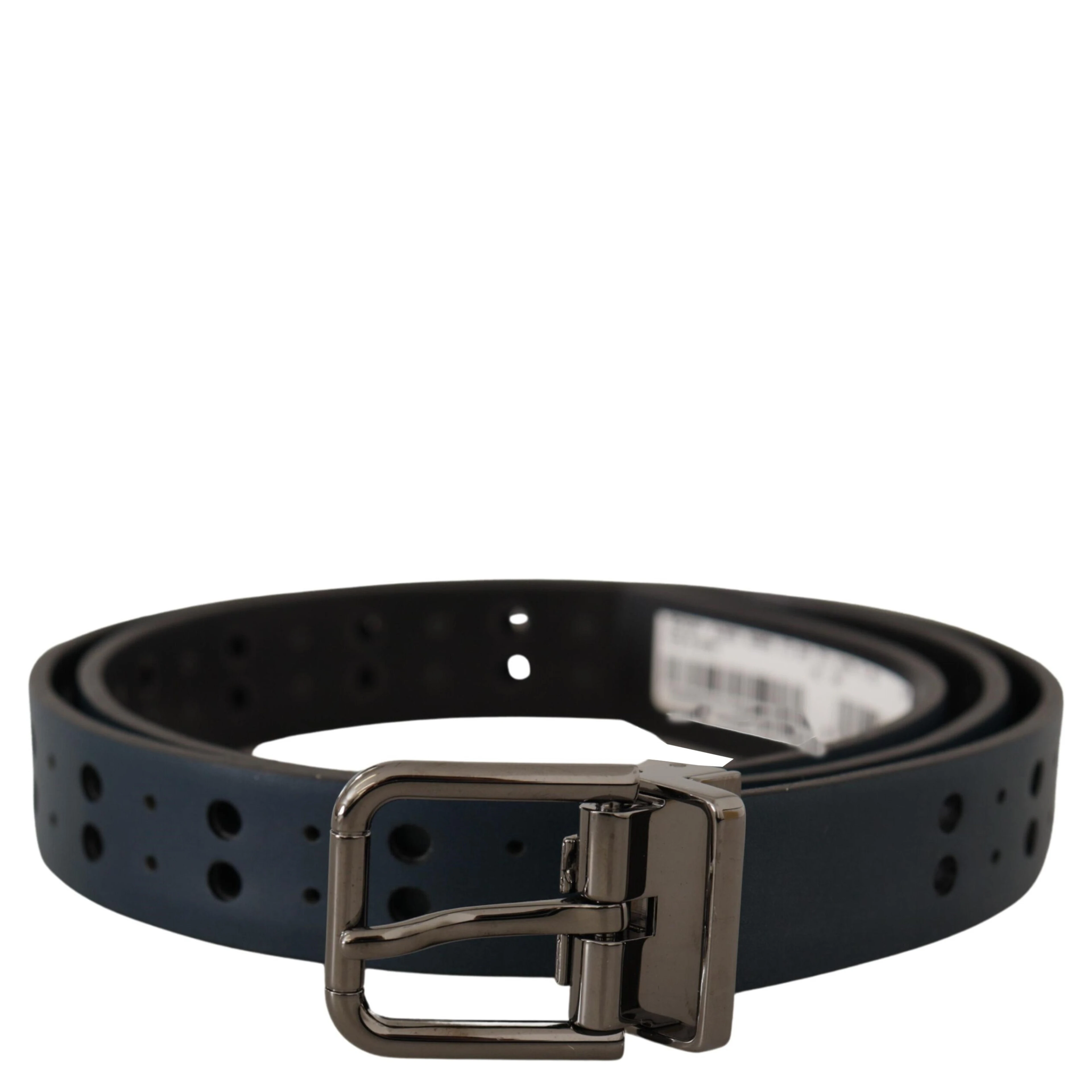 Blue Perforated Skinny Leather Metal Buckle Belt