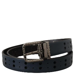 Blue Perforated Skinny Leather Metal Buckle Belt