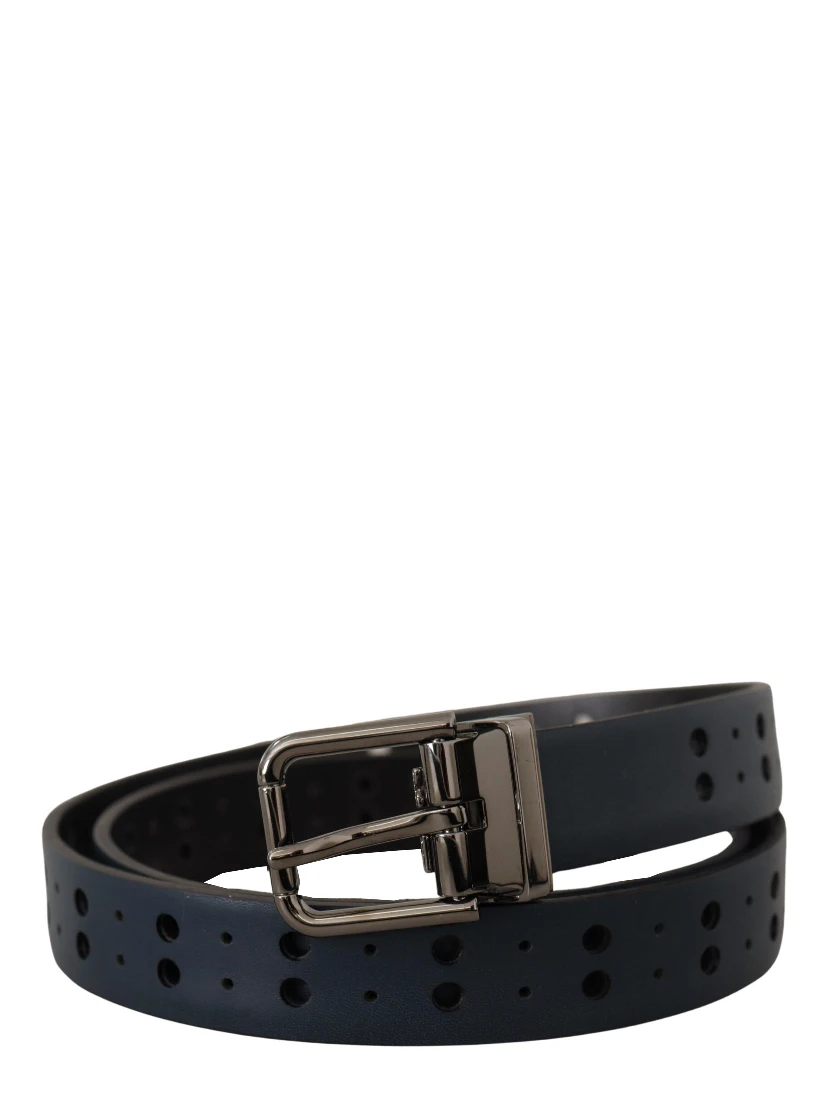 Blue Perforated Skinny Leather Metal Buckle Belt