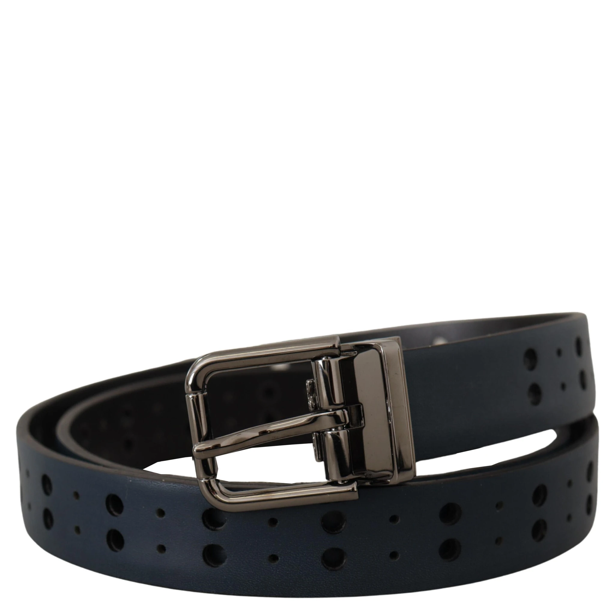 Blue Perforated Skinny Leather Metal Buckle Belt