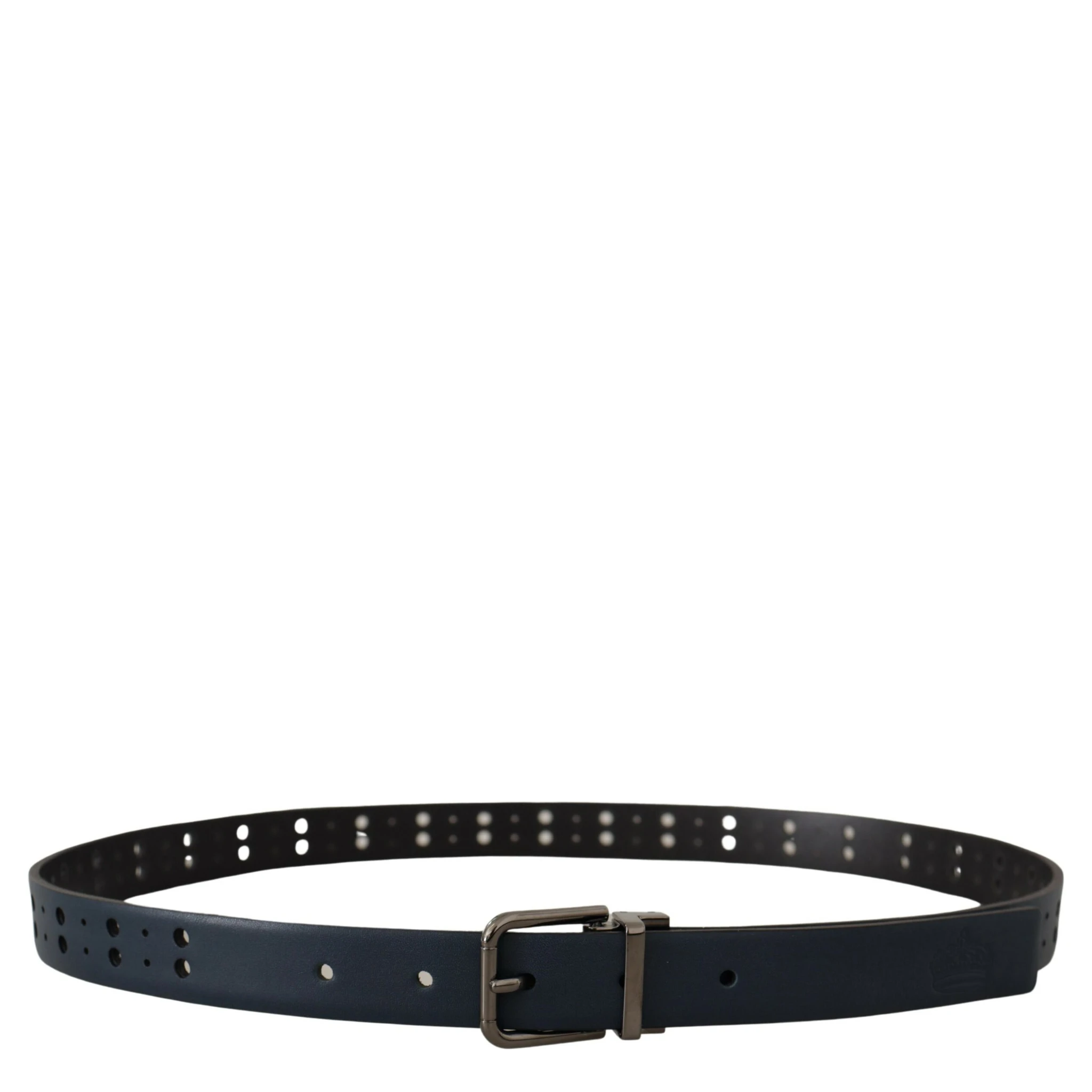 Blue Perforated Skinny Leather Metal Buckle Belt