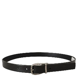 Black Leather Silver Chrome Metal Logo Buckle Belt