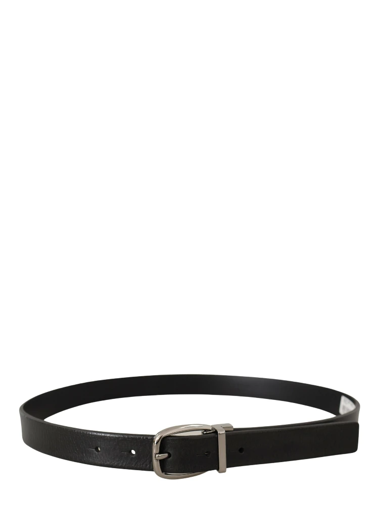 Black Leather Silver Chrome Metal Logo Buckle Belt