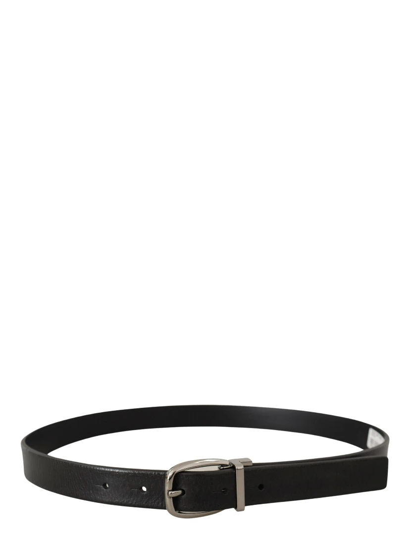 Black Leather Silver Chrome Metal Logo Buckle Belt