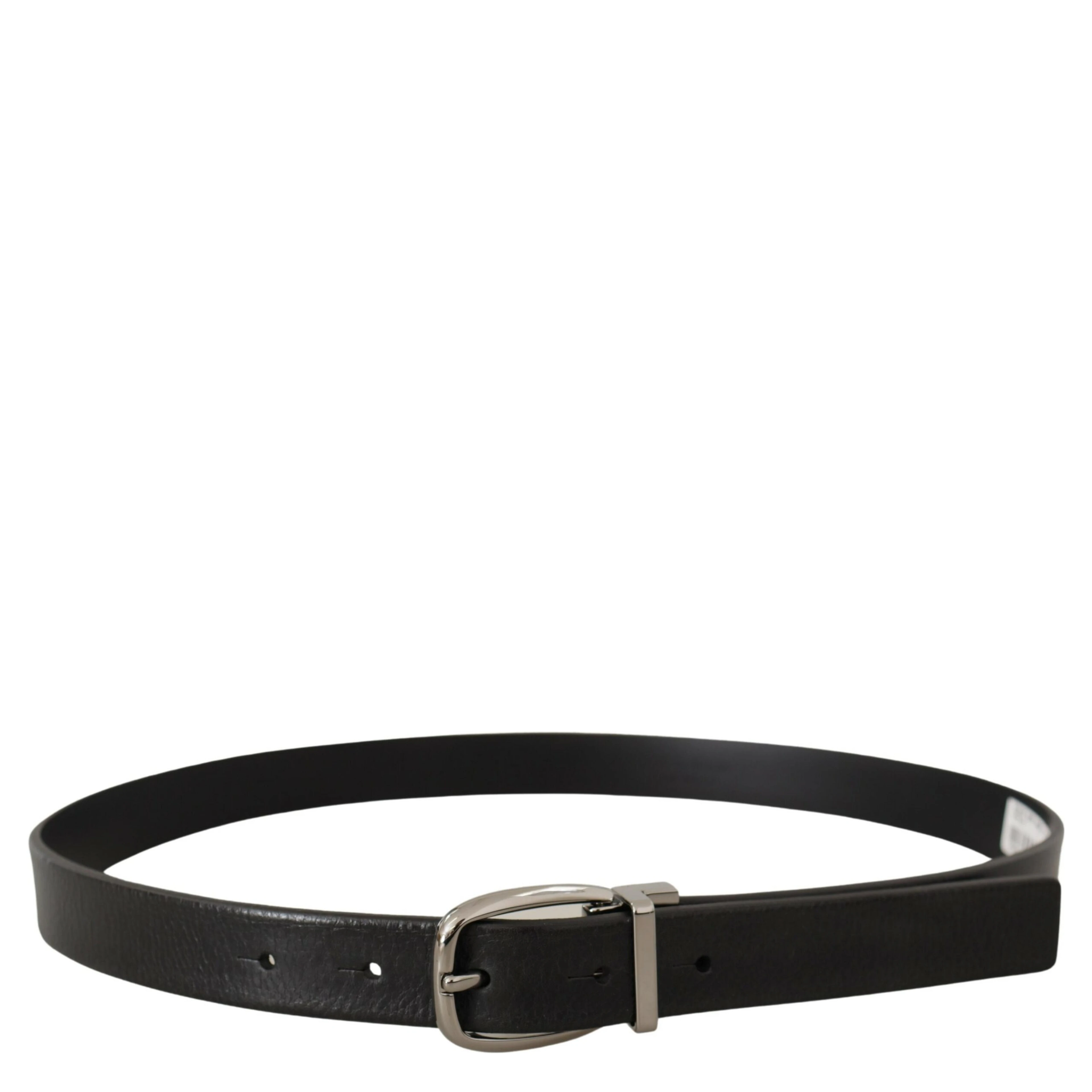Black Leather Silver Chrome Metal Logo Buckle Belt