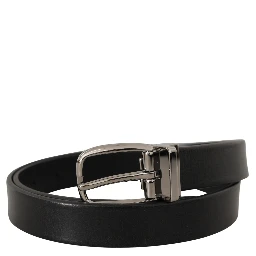 Black Leather Silver Chrome Metal Logo Buckle Belt
