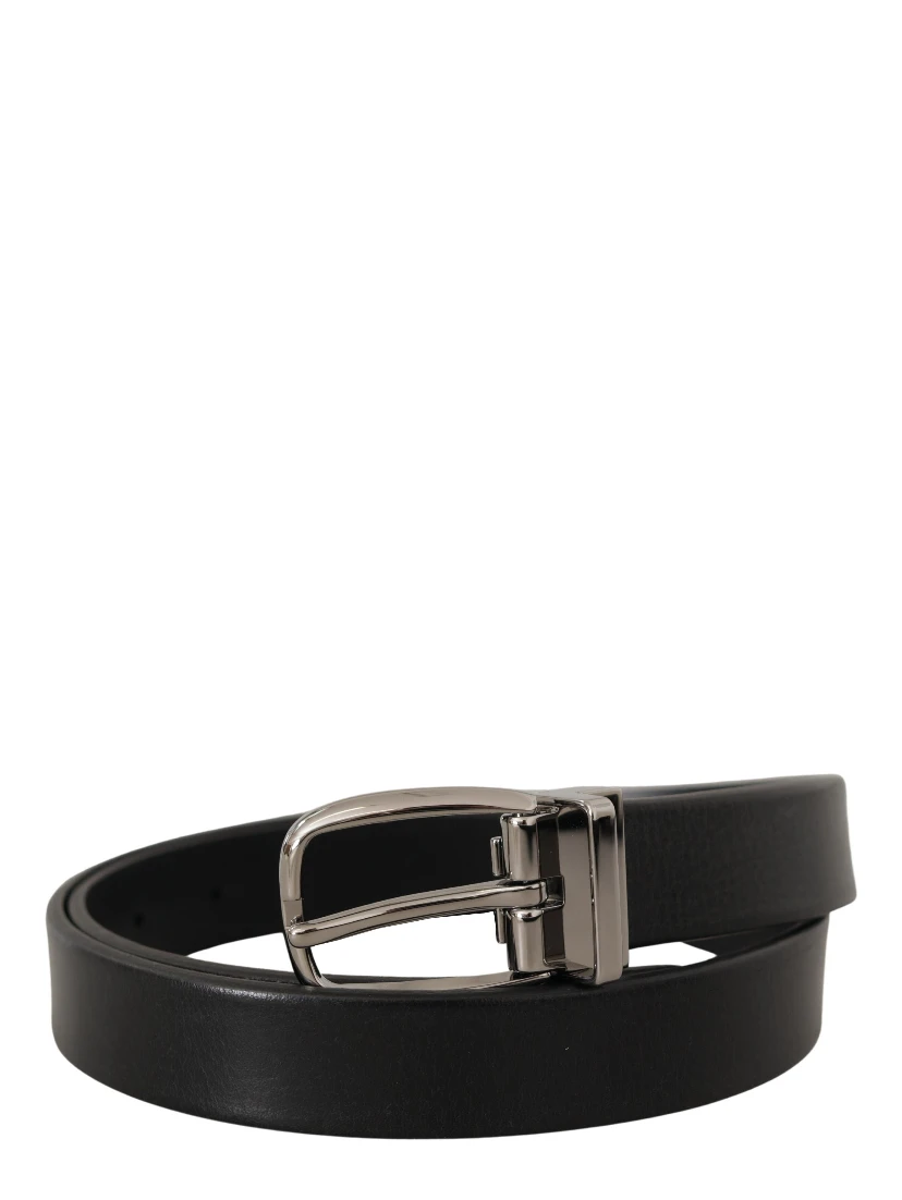 Black Leather Silver Chrome Metal Logo Buckle Belt