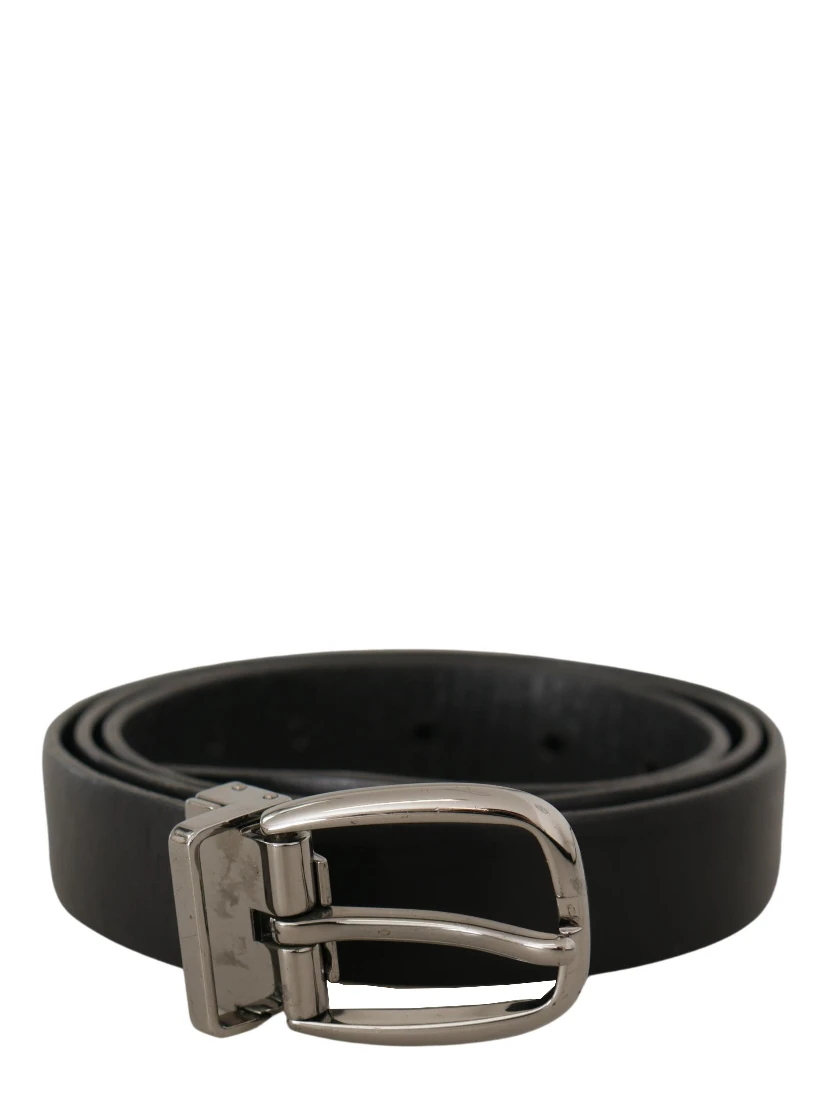 Black Leather Chrome Logo Metal Buckle Belt