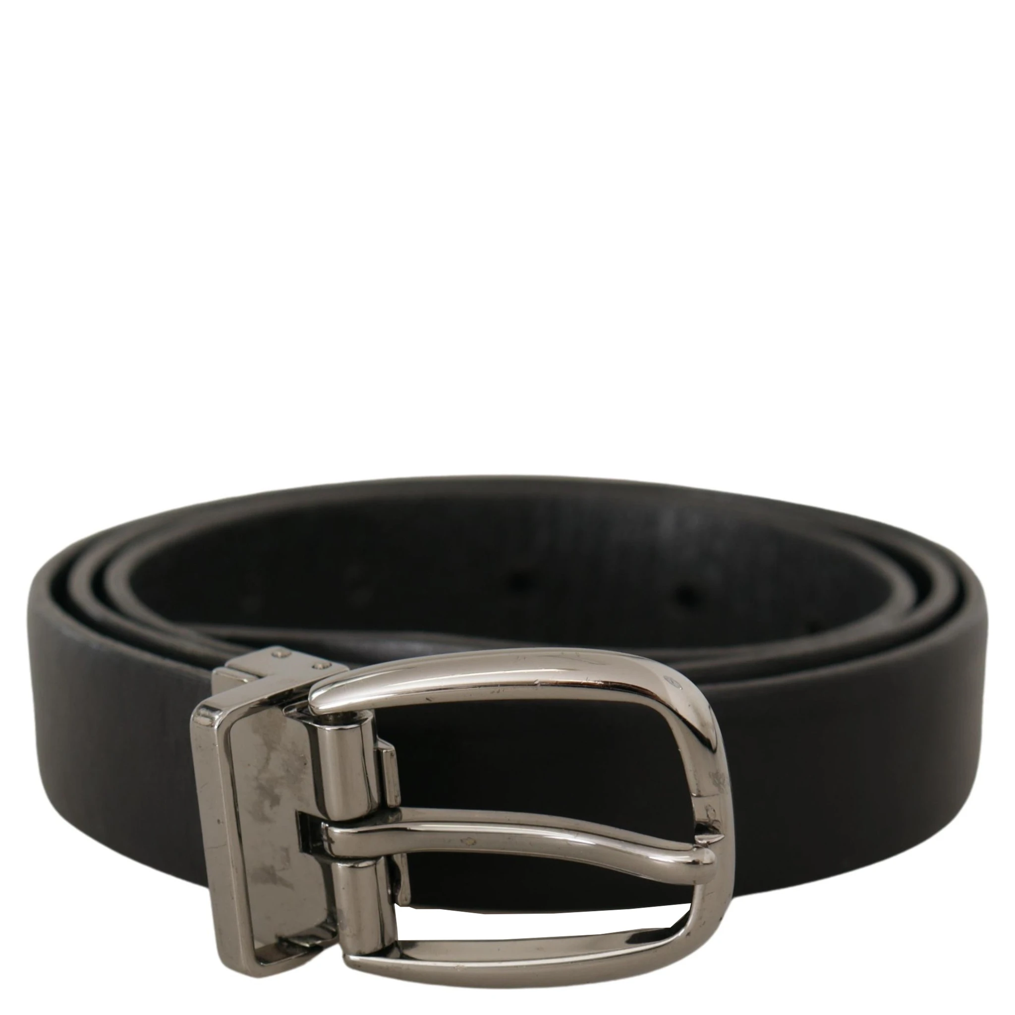 Black Leather Chrome Logo Metal Buckle Belt