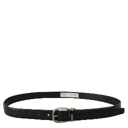 Black Leather Chrome Logo Metal Buckle Belt
