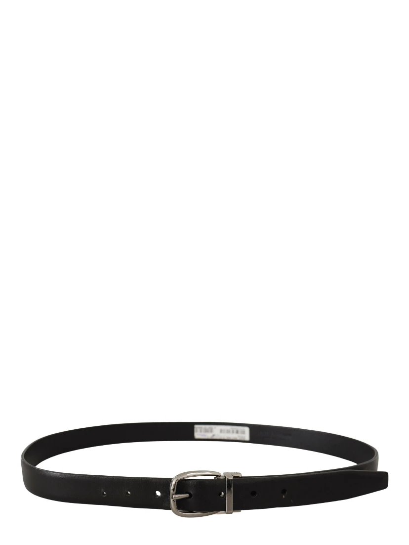 Black Leather Chrome Logo Metal Buckle Belt