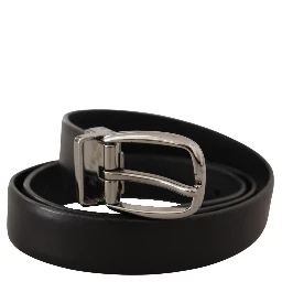 Black Leather Chrome Logo Metal Buckle Belt