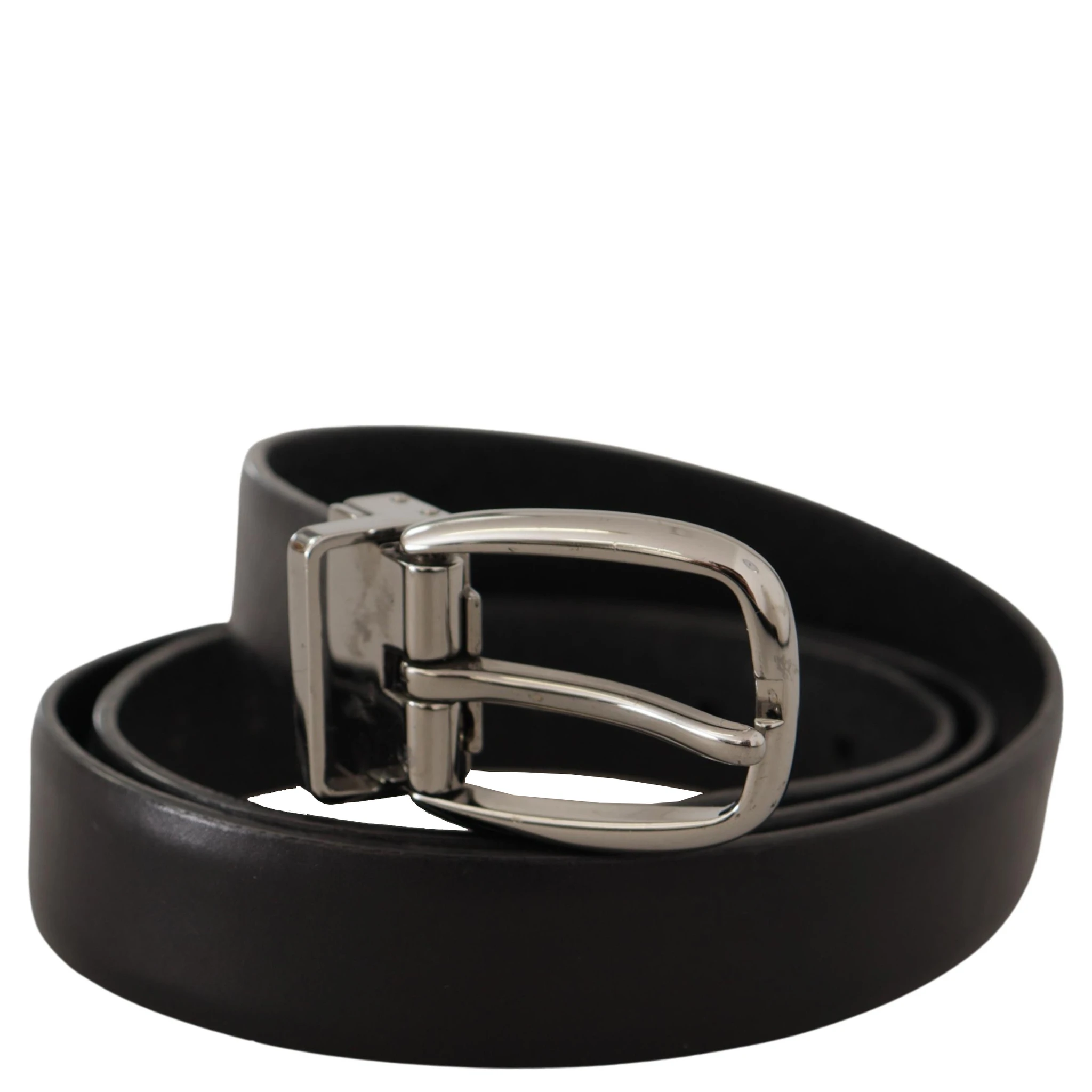 Black Leather Chrome Logo Metal Buckle Belt