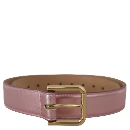 Metallic Pink Polished Leather Logo Metal Buckle Belt