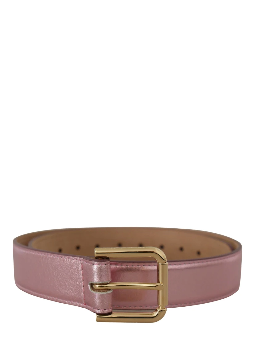 Metallic Pink Polished Leather Logo Metal Buckle Belt