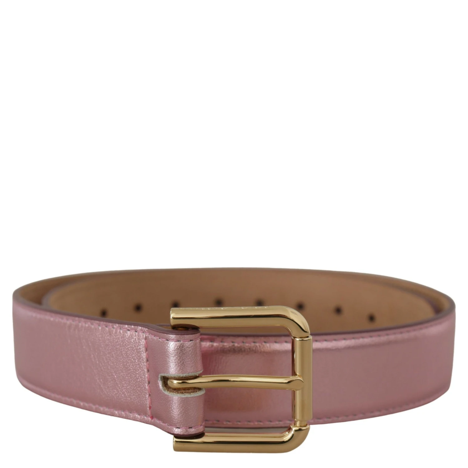 Metallic Pink Polished Leather Logo Metal Buckle Belt