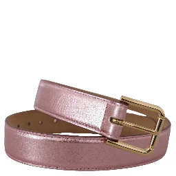Metallic Pink Polished Leather Logo Metal Buckle Belt
